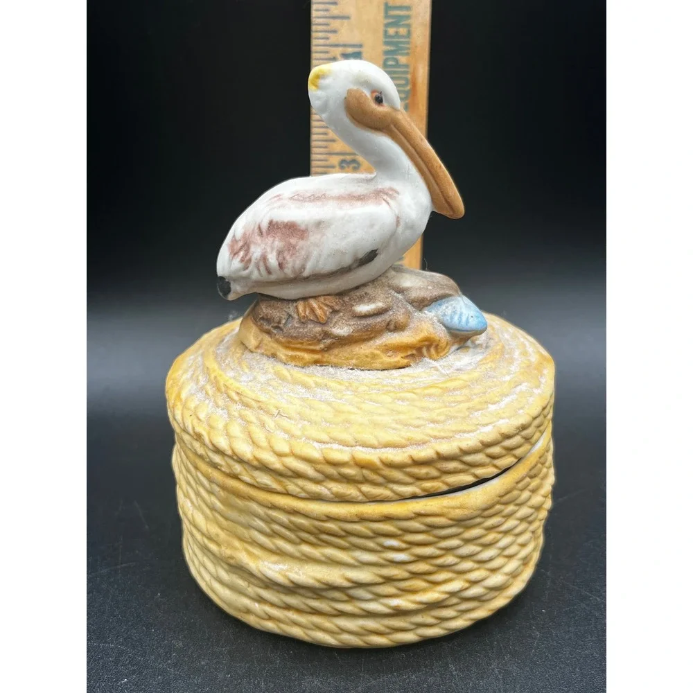 Ceramic Pelican Rope Trinket Box Lid Coastal Nautical Bird Figurine 4.25